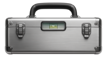 Durable metal toolbox with a built-in level, designed for carpentry workshops.