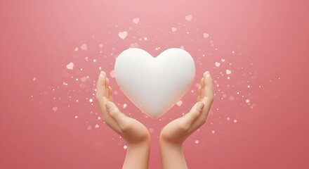 A pair of hands gently holding a white heart with small hearts floating on a pink background