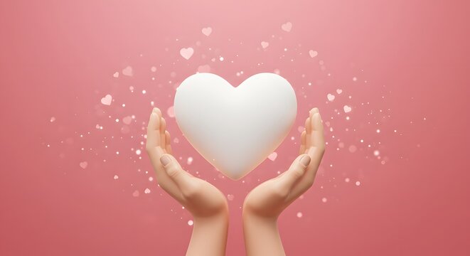 A pair of hands gently holding a white heart with small hearts floating on a pink background