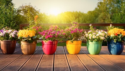 colorful flowerpots on wooden deck bathed in sunlight evoking peace and beauty peace natural