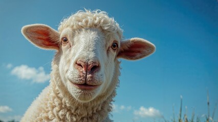Amusing image of a white sheep with a blue background