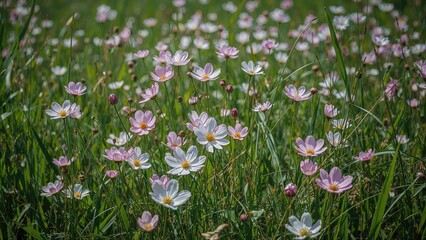 Delicate Cosmos Blooms of Pink and White Amidst Greenery
