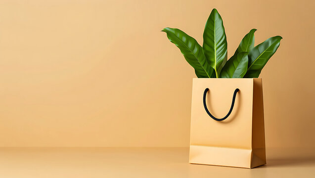 Sustainable Shopping Concept Green Leaves in a Paper Bag on Neutral Background Representing Eco Friendly Choices and Conscious Consumerism