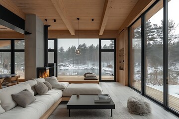 Fototapeta premium Modern living room with panoramic windows overlooking a snowy forest
