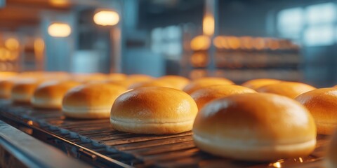 The fresh golden doughnuts cooling in a modern bakery setting