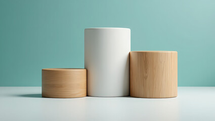 Three cylindrical pedestals in varying heights against a blue green backdrop