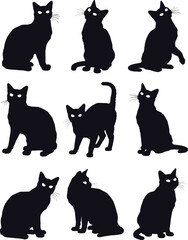Black Cat Silhouettes Icon Set - Halloween Feline Poses and Graphics