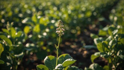 Obraz premium Early sunlight shines on the stem of a flowering soybean plant amidst its growth period, captured with selective focus.