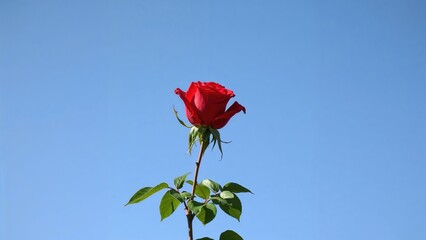 Crimson rose contrasted with a deep cerulean sky