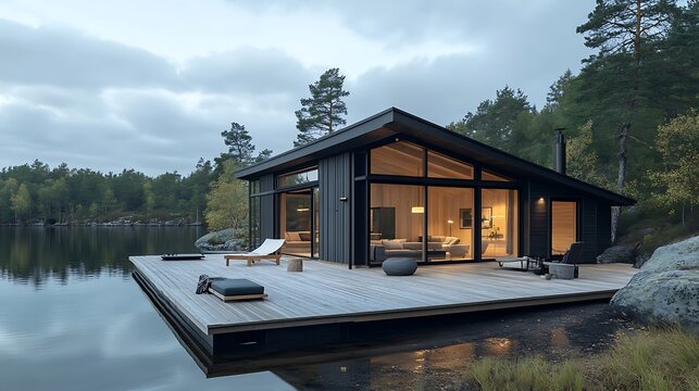 Modern lakeside cabin with expansive glass walls and wooden deck