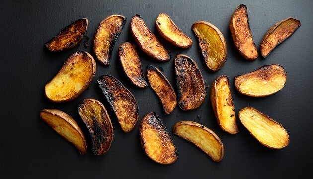 flat lay of burned blackened potato slices with scorched edges carcinogens in food food safety issues acrylamide formation harmful cooking techniques