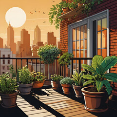 Fototapeta premium Balcony Garden with City Skyline at Sunset