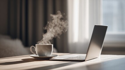 Coffee Cup with Steam and Laptop on Table