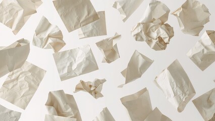 Multiple scattered papers hovering over a white surface. Abstract and creative photography for editing.