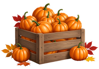 Autumn Transparent PNG Of Rustic Wooden Crate Filled With Pumpkins And Colorful Leaves. Generated AI.