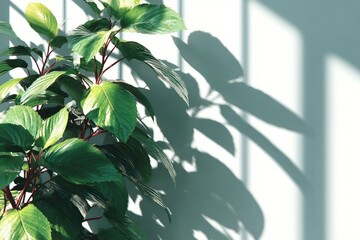 Lush greenery plant casts shadows on light wall