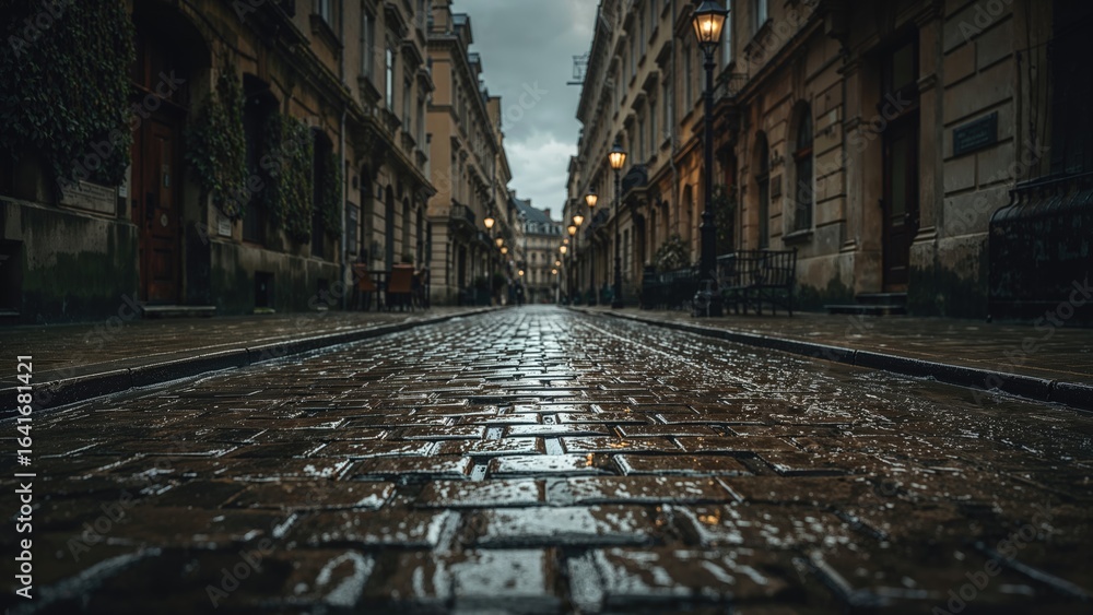 Poster moist cobblestone path for pedestrians with blurred background