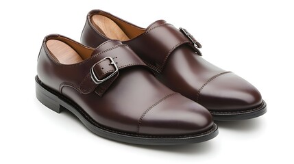 Classic dark brown leather double monk strap shoes with buckles