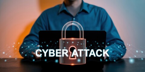 Cyber Attack - A man with a laptop, with a glowing "CYBER ATTACK" text and a padlock icon, symbolizing a data breach, security threat, and hacking