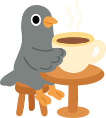 Cute vector pigeon enjoying a hot cup of coffee at a table. Flat colorful style with subtle shadows, clean outlines, no gradients.
