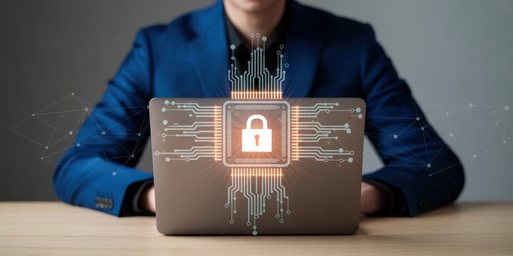 Network Security - A man at a laptop with a glowing padlock icon and a circuit board, for cyber protection and secure digital systems - Powered by Adobe
