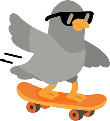 Cartoon pigeon riding a skateboard with sunglasses and a cheeky grin. Flat vector style with motion lines, no gradients.