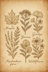 Vintage botanical illustration on aged parchment featuring detailed hand-drawn plants including maple, yarrow, ginkgo, maidenhair fern, and wildflowers, perfect for educational, decorative, or herbal 