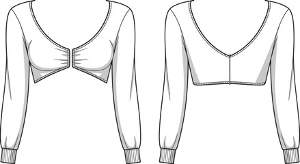 Cad drawing, flat vector illustration, crop top front, back view, fashion sketch