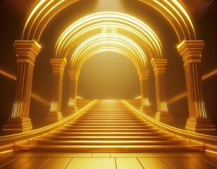 golden archway staircase 3d render mystical glowing fantasy abstract background composition keywords 3d