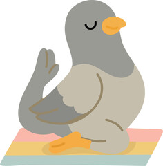  Cute pigeon practicing yoga pigeon pose on a colorful mat. Calm flat colors with soft shadows, clean lines, no gradients.