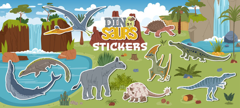 Prehistoric dinosaur characters stickers pack. Extinct doedicurus, indricotherium, baryonyx and sarcosushus, carbonemys, quetzalcoatlus land and water dinosaurs, prehistoric rainforest stickers set