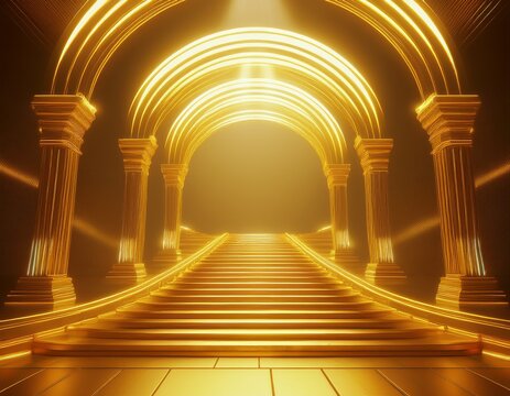 golden archway staircase 3d render mystical glowing fantasy abstract background composition keywords 3d