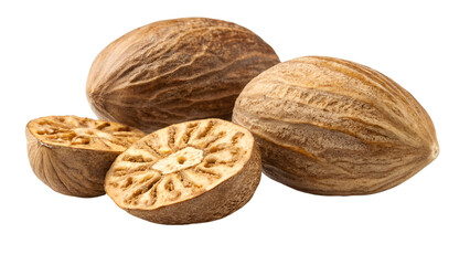 whole nutmeg nut and slice nut isolated on transparent background