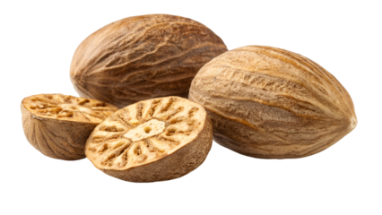 whole nutmeg nut and slice nut isolated on transparent background