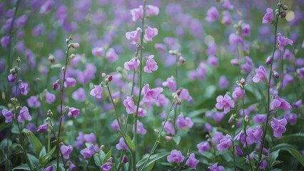 Fototapeta premium Spring garden scene featuring purple pea flowers and lush plants