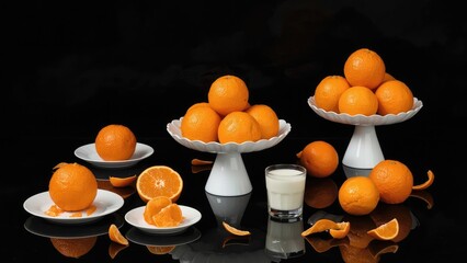 Morning meal with fresh citrus fruits arranged on various dishes against a dark backdrop