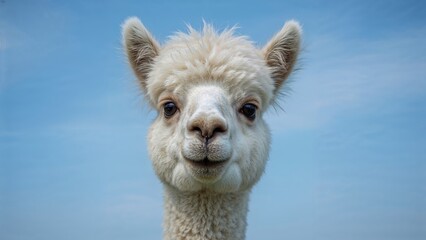 Obraz premium Charming white alpaca standing with a bright blue sky behind