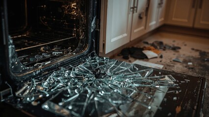 Damaged oven door with broken glass due to heat and impact, kitchen close-up