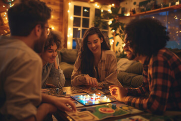 friends playing board games in cozy living room