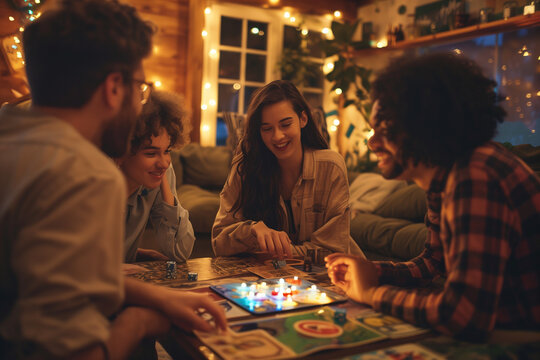 friends playing board games in cozy living room