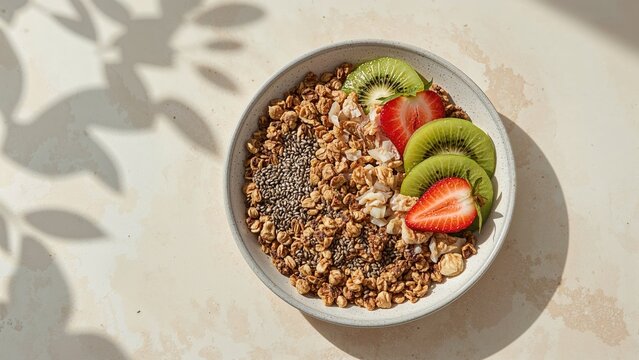Wholesome breakfast or snack containing chia granola, strawberries, and kiwi, promoting vegetarian health benefits.