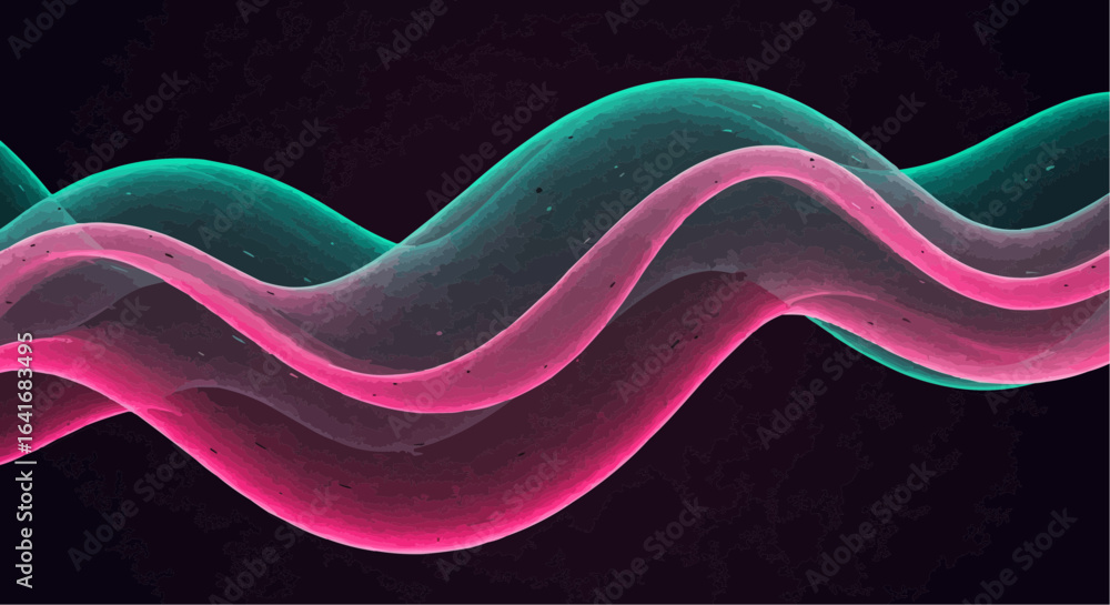 Poster abstract wavy lines in teal and pink hues, creating a flowing, dynamic pattern against a dark backgr