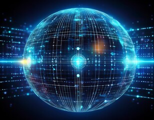 Fototapeta premium a glowing wireframe sphere pulsates with digital coded lights against a dark background symbolizing advanced technology data transfer and futuristic communication in the digital age
