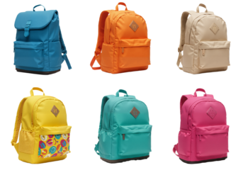 A colorful assortment of modern backpacks for school or travel, isolated on a clean white background showing different styles.