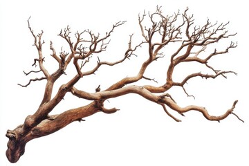 Gnarled dead tree branches against a white background