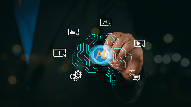 AI Automation, Processing Technology for Efficient Workflow Management and Innovation. Professional using a laptop with a virtual assistant, chatbot, data analytics, and smart content generation.