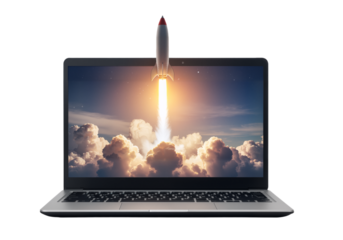 Successful business startup launch concept with a rocket launching from a modern laptop screen, symbolizing innovation and growth.