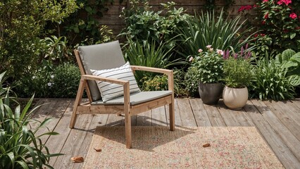 Obraz premium Genuine image of a stylish garden seat with a white and striped pillow set on a wooden terrace in a weekend home garden