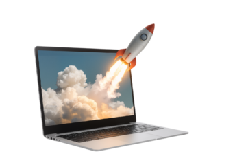 A rocket launches from a modern laptop screen, a powerful conceptual image for business startups, innovation, and rapid technology growth.