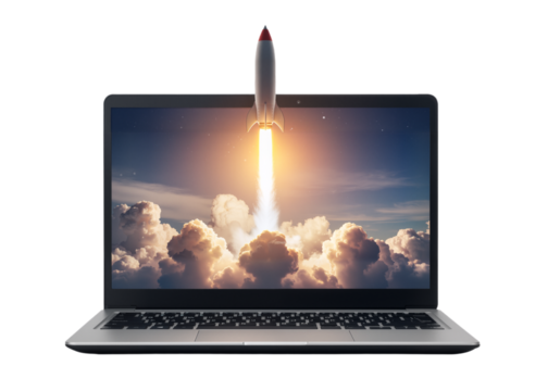 Successful business startup launch concept with a rocket launching from a modern laptop screen, symbolizing innovation and growth.